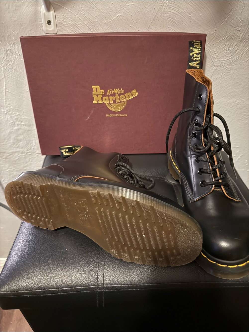 Dr. Martens English Black Leather 8-Eye Lace-Up Combat Boots with Brown Accents
